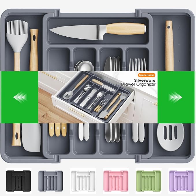 SpaceHacks Silverware Organizer，Adjustable & Expandable Drawer Organizer | Utensil Drawer Organizer, BPA Free Utensil Holder, Cutlery Tray for Forks, Spoons, Knives in Kitchen, Medium, Grey