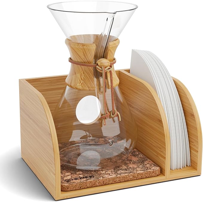 Pour Over Caddy for Chemex Bodum Cosori Coffee Makers Cork | Handmade Bamboo Stand, Filter Holder, Heatproof Mat for a Cleaner Coffee Station