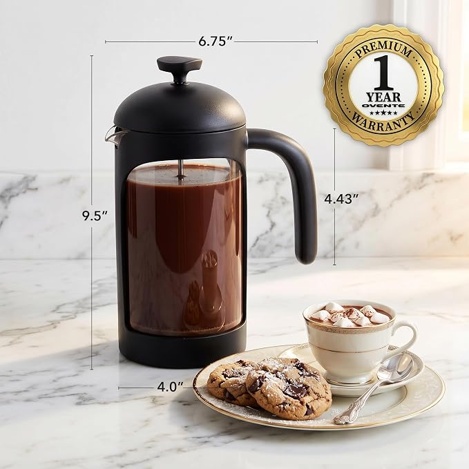 OVENTE 34oz French Press Coffee Maker with 4-Level Filtration, Black FPB34B | Heat Resistant Borosilicate Glass Pot, Dishwasher Safe Stainless Steel Filter, Portable Cafetiere for Travel, Camping or Gift