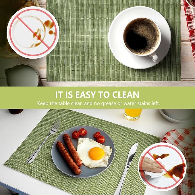 AUAUY Placemats Set of 6, Non-Slip Heat Resistant Table Mats, Green | 6pcs PVC Vinyl Woven Table Placemats Washable for Kitchen Dinning Restaurant, Farmhouse