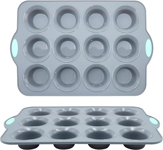 2Pack Silicone Muffin Pan with Metal Frame, 12 Cup Regular Size Cupcake Pan, Non-Stick Baking Tray, Food Grade Baking Molds for Oven, Dishwasher Safe