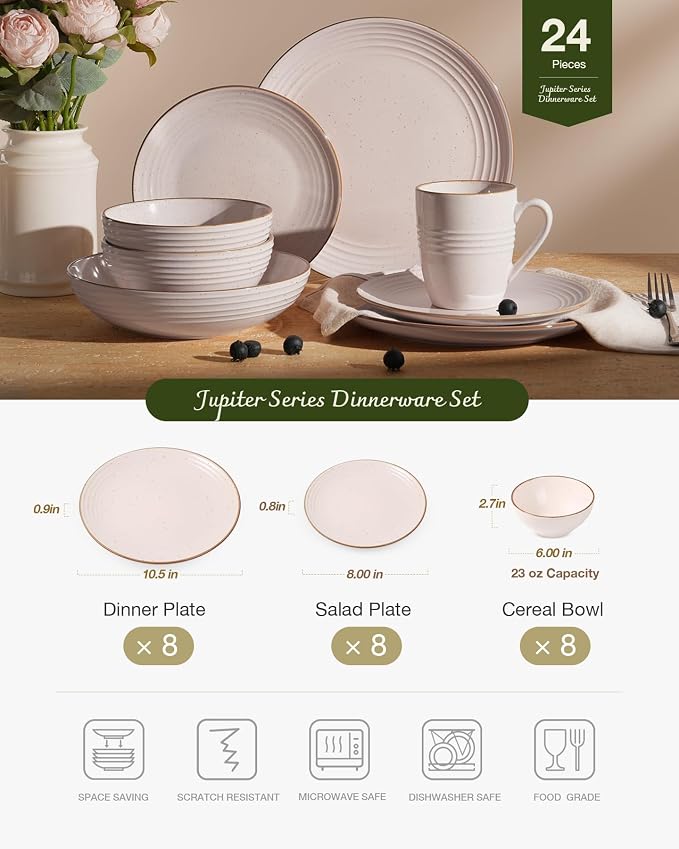 Famiware Jupiter Stoneware Dinnerware Sets for 8, Rimmed Plates and Bowls | 24-Piece Ceramic Speckled Dish Set, Chip & Scratch Resistant, Microwave & Dishwasher Safe, Rustic Modern Style, Neutral Pink