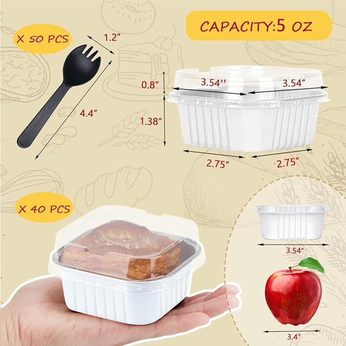 LNYZQUS 5oz Mini Cake Tins with Lids and Spoons, Disposable Brownie Pans | 40 Pack, Aluminum Foil, Square Cupcake Baking Cups, Individual Dessert Containers for Kids Party, White