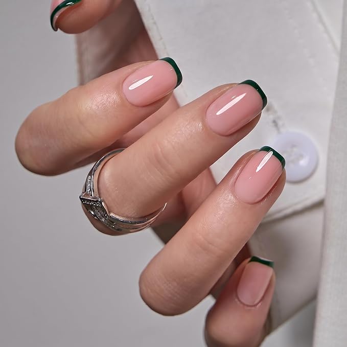 CurvLife Short Square Glitter Press On Nails, Silk Stardust Nude Silver | 32PCS, 16 Sizes, Salon-Quality Natural Fake Nails, Curved Fit, 7-14 Day Glue-On Wear, Reusable Stick-On Nails, Press-On Kit
