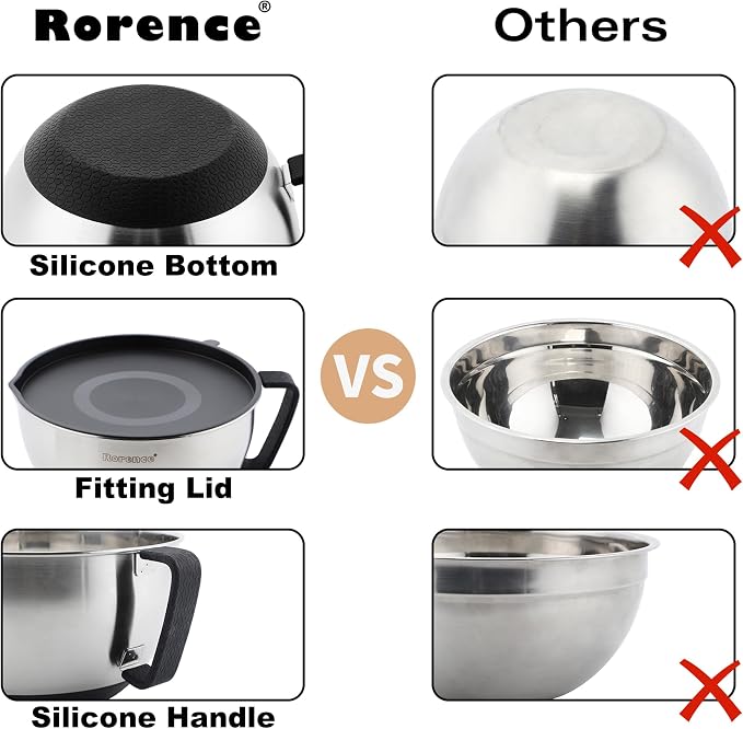 Stainless Steel Mixing Bowls: Metal Mixing Bowl Set with Lids and Handles Non-slip Silicone Bottom Nesting Bowls for Kitchen Set of 3 - Black