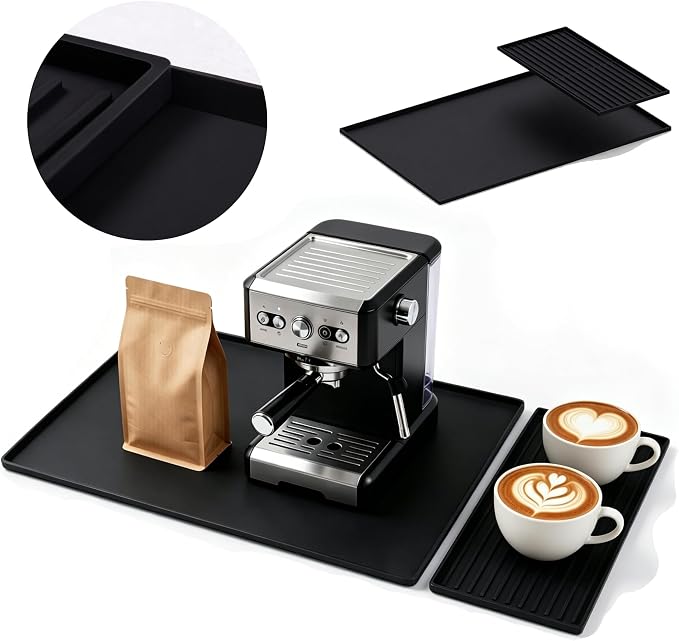 Silicone Coffee Mat 24 x 16 in with Tray, Classic Black | Coffee bar mat for countertop use, coffee station mat or coffee machine mat with removable tray and 0.47 in raised rim.