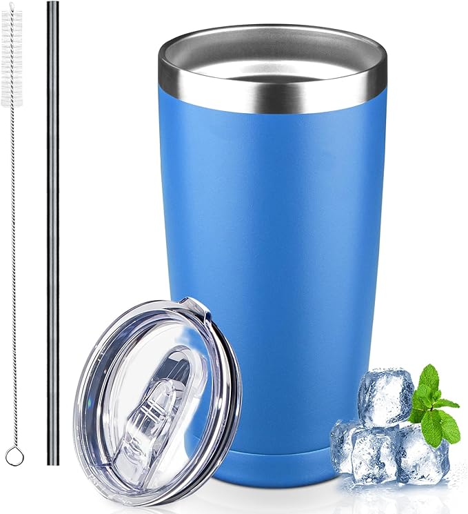 20 oz Tumbler with Lids and Straws, Stainless Steel Insulated Coffee Tumbler, Double Wall Vacuum Insulated Travel Mug Cup, Leakproof Thermal Coffee Cup for Hot and Cold Drinks (Sea Blue)