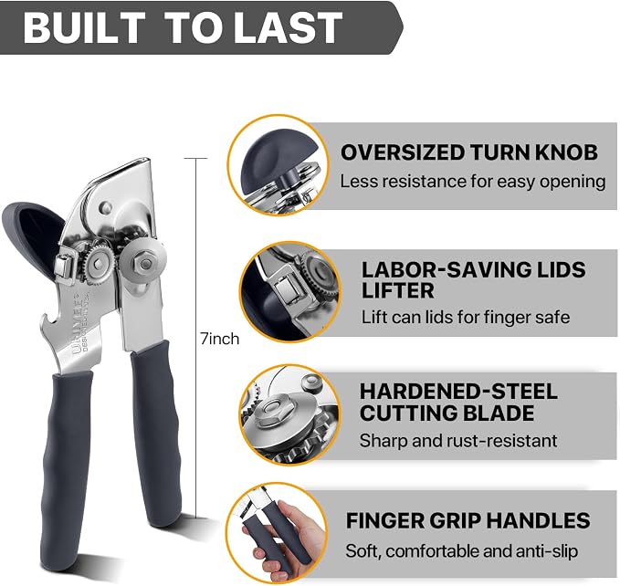 UHIYEE Heavy Duty Hand Can Opener with Comfortable Grip for Seniors, Gray | Manual Can Opener, Hardened Steel Blade, Rubber-Coated Handle, Oversize Knob, Built-in Magnet & Bottle Opener