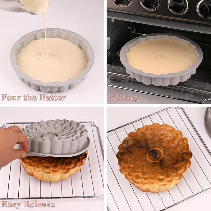3 Pack Flower Shape Silicone Cake Molds, Large Round Silicone Molds for Baking Cake, Breads, Pies, Tarts (Rose, Chrysanthemum, Sunflower)