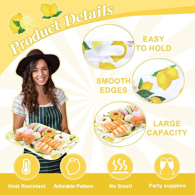 gisgfim 2Pcs Lemon Serving Trays with Handles 16 x 11 Inch Large Melamine Tray Rectangular Yellow Lemon Serving Platter Spring Tray Melamine Dishes for Serving Food Outdoor Dinner Dessert Plates Party
