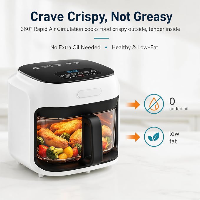 7.4QT Glass Air Fryer with Glass Basket, White | Visible Window Lid, Digital Control, 360° Air Circulation, Oil-Free Cooking & Baking, Nonstick, Dishwasher Safe Easy Clean
