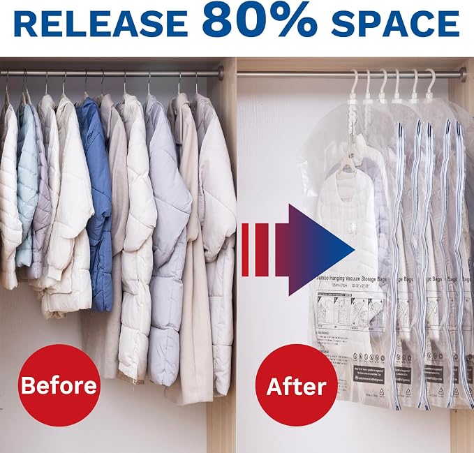 Hanging Vacuum Storage Bags, Space Saver for Clothing, 6 Long with Pump | Vacuum Seal Bags for Clothing with Electric Pump, Hanging Garment Storage for Jackets, Suit, Dresses, Winter Closet Organizer