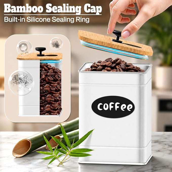 Kitchen Canister Set of 4, White Airtight Metal Flour Sugar Containers | Flat Bamboo Lids, Reusable Labels & Marker, Wide Openings, Coffee Tea Containers, Kitchen Countertop and Pantry Organized