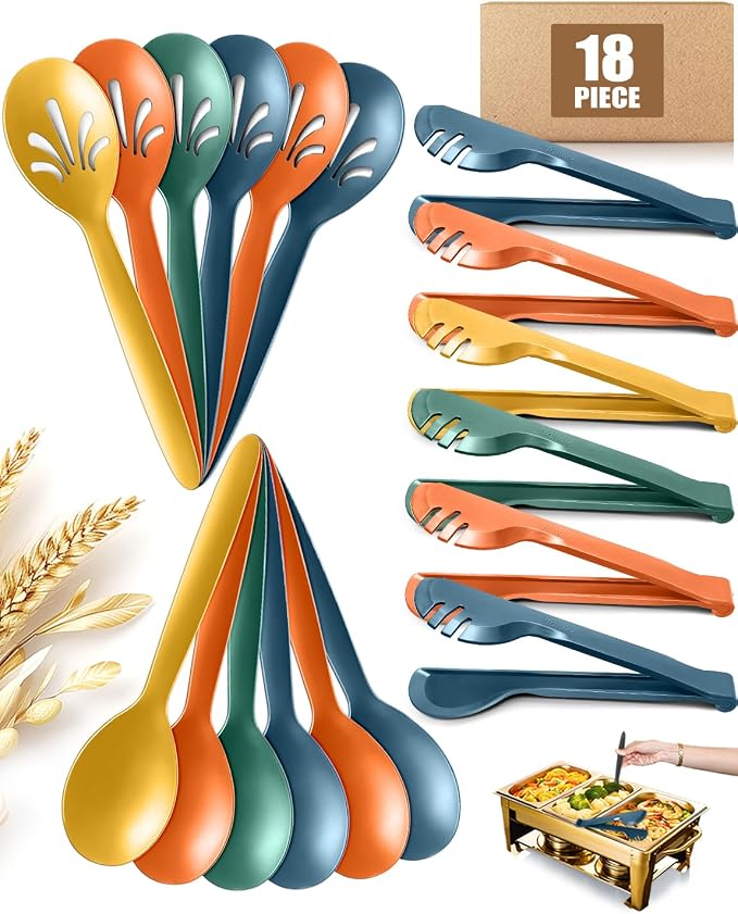 Reusable Plastic Serving Utensils Set of 18, 10" Wheat straw Large Serving set Serving Spoons/Slotted Spoons/Tongs, for Party Buffet Catering (Orange/Blue/Yellow/Green, Not for Cooking)