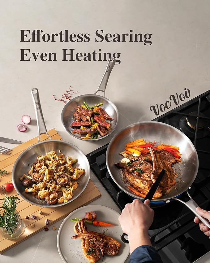 VocVoi Stainless Steel Pan, 12 Inch Frying Pan, PFOA & PTFE Free, Non Toxic Skillet, Dishwasher & Oven Safe, Induction Compatible, Ceramic & Gas Cooktops
