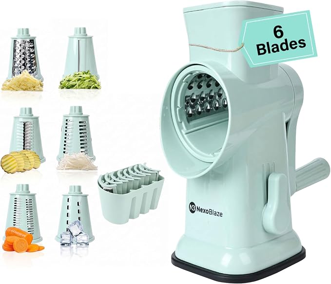 Rotary Cheese Grater with Hand Crank – 6-in-1 Cheese Shredder, 6 Stainless Steel Blades, Reinforced Suction Base, Grater for Cheese, Vegetables, Nuts