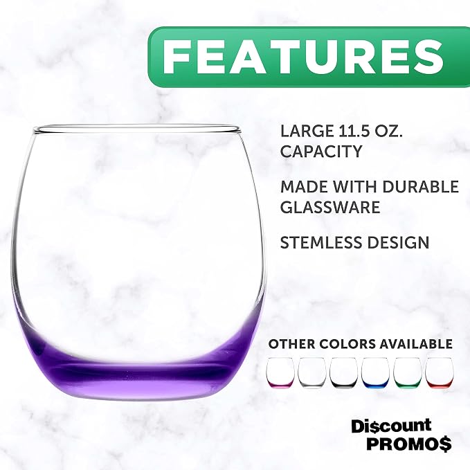 DISCOUNT PROMOS Mikonos Stemless Wine Glasses 11.5 oz. Set of 10, Bulk Pack - Restaurant Glassware, Perfect for Red Wine, White Wine, Cocktails - Purple Bottom Color