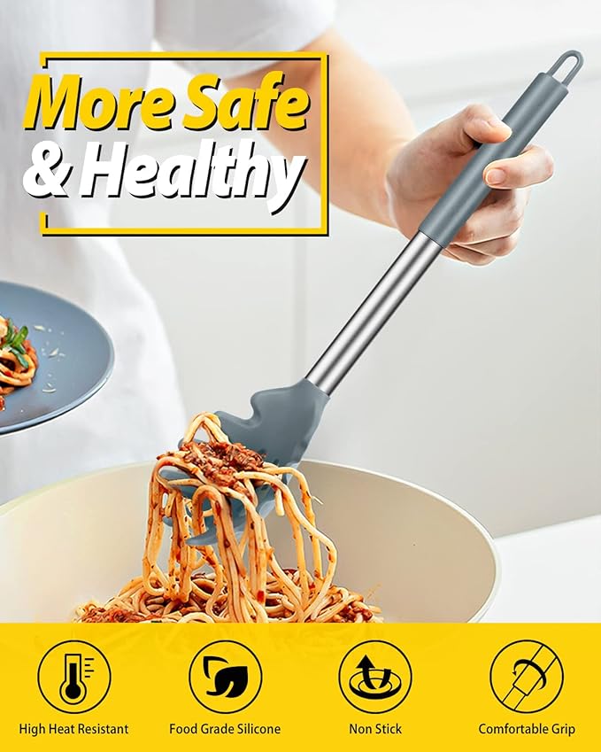BUNDLEPRO Silicone Pasta Fork and Ladle Spoon Set, 2 Pack, Gray | Large Non Stick, High Heat Resistant Kitchen Utensils for Cooking,Stirring,Serving Spaghetti, Soup, Sauce
