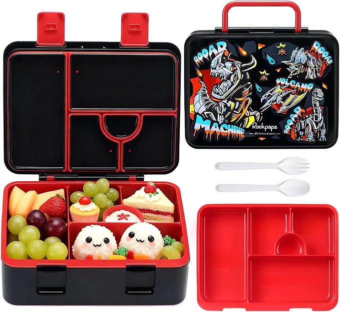 rockpapa Bento Box for Kids - Large 5.5 Cups Lunch Box with Utensils - 5 Compartments, BPA-Free, Leak Proof, Portable Handle for Boys Girls, Microwave/Dishwasher Safe (Black Dinosaur)