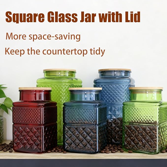 Viovian 60oz Square Glass Jar with Airtight Lid Blue Glass Storage Jars with Scoop,Vintage Glass Coffee Canister for Food Nuts