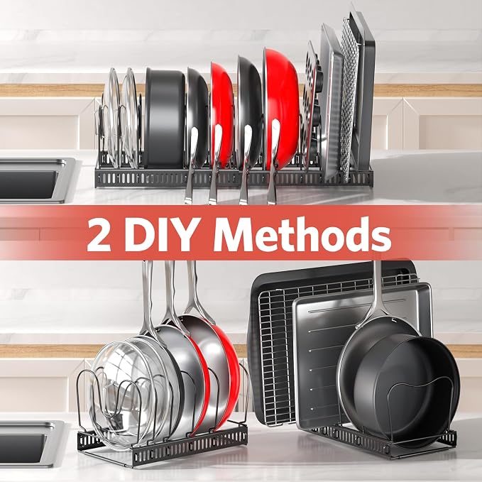 Pots and Pans Organizer under Cabinet, 11.8-22.8" 12 Dividers Black | Extends 11.8-22.8", Holds pot lids, pans, cookware and bakeware, Adjustable dividers, for under cabinet or countertop