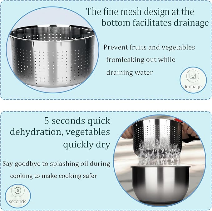 6L-Stainless Steel Salad Rotator, Non-Slip Base, Vegetable Dishwasher, Multi-Use Lettuce Spinner, Kitchen Strainers.
