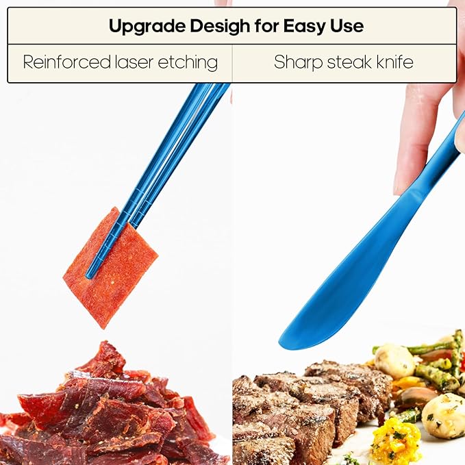 Travel Utensils with Case, Quatish Portable Silverware Set for Work, Stainless Steel Reusable Travel Cutlery, Fork and Spoon Set for Camping, Picnic, Gadgets, Lunch Box for Men, Christmas Gift, Blue