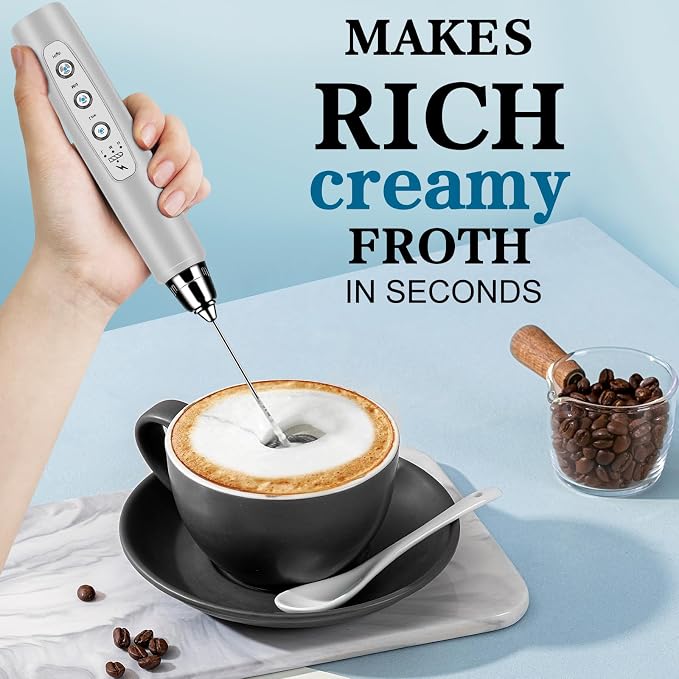 Milk Frother Wand Rechargeable Handheld Whisk Coffee 3 Speed Adjustable | Electric Whisk Drink Mixer with Stainless 3 Whisks Hand Frother , Foam Maker for Latte Cappuccino Matcha Egg Silver