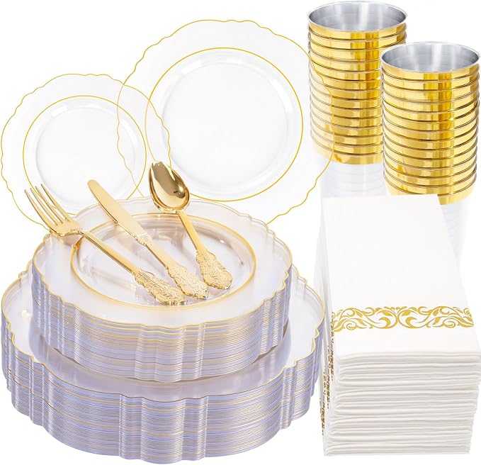 KIRE 210Pcs Clear Plastic Plates with Gold Rim for Wedding/Party | Include 60pcs Clear and Gold Plates, 30pcs Plastic Silverware, 30pcs Napkins and 30pcs Cups Serve 30 Guest
