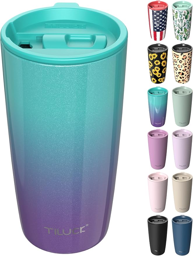 TILUCK 20 oz Insulated Coffee Tumbler with BPA-Free Lid | Travel Coffee Mug, Dishwasher Safe, Cup Holder Friendly,Double-Wall Vacuum Insulation for Hot & Cold Drinks,GlitterBluePurple