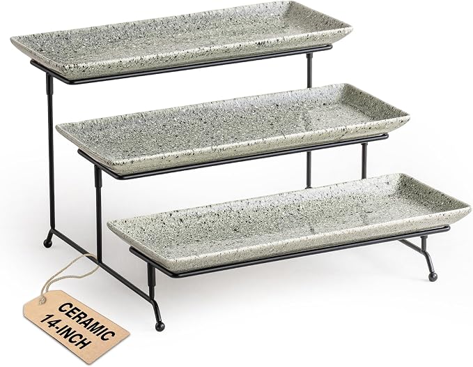 LAUCHUH 3 Tier Serving Trays for Party, Porcelain Dessert Party Display Set | 14 inch Serving Platters & Trays with Collapsible Sturdier Rack Tiered Tray Stand for Halloween Thanksgiving, Speckled Gray