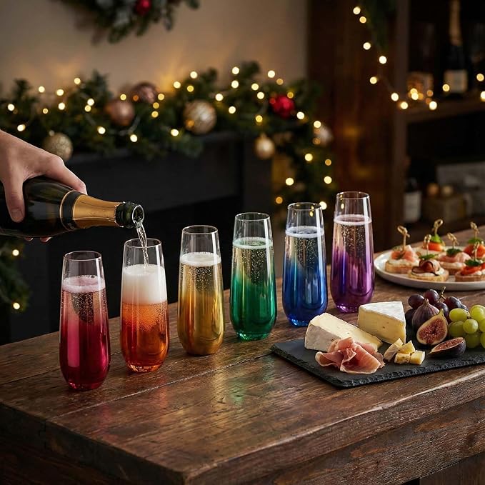 ColoVie Stemless Champagne Flutes set of 6, Colored Bar Glassware, Cocktail | Colored Champagne Glasses, Crystal Glass for Wedding Toasting, Prosecco, Mimosa Glasses, Bridesmaid Gift, Party Glassware