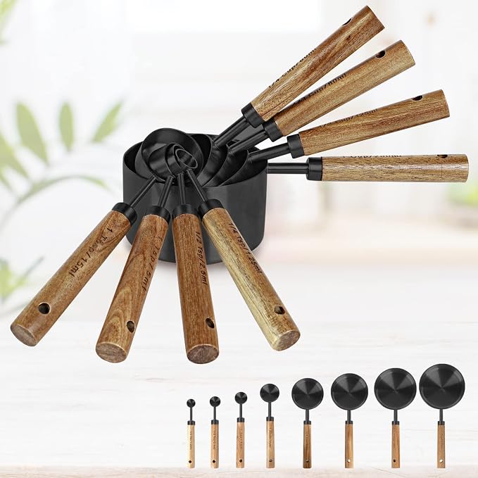 8-Piece Stainless Steel Measuring Cups and Spoons, Acacia Handles, Black