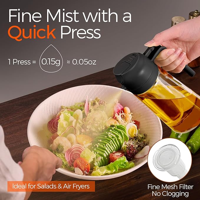 YARRAMATE Olive Oil Dispenser, 2 in 1 Oil Sprayer for Cooking, 16oz/470ml Glass Oil Spray Bottle with Pourer, Food-grade Oil Dispenser and Oil Sprayer for Kitchen, Salad, Frying, BBQ (Black & Green) | Food-grade dispenser bottle, 470 ml, spray and pour...