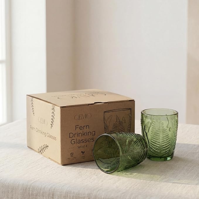 Green Drinking Glasses Set of 4, 10 oz Glass Cups, Vintage Fern Glassware | Hand-Pressed, Dishwasher Safe, Boho Leaf-Textured Drinkware, Embossed Lowball Tumblers for Water, Retro Kitchen Gift