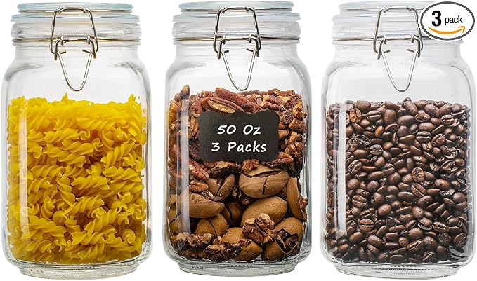 50oz Square Glass Food Storage Jars with Airtight Clamp Lids 3 Pack | Glass Storage Containers for Flour, Sugar, Rice, Coffee, Cereal, Sourdough Pickling and Canning, Mason Jar，Kitchen Canisters