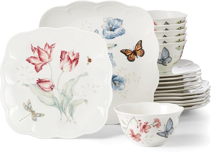 Lenox Butterfly Meadow Square Porcelain 18-Piece Dinnerware Set for 6 | ceramic, dishwasher safe, microwave safe | plates and bowls sets for kitchen and dining, dish set, dishes
