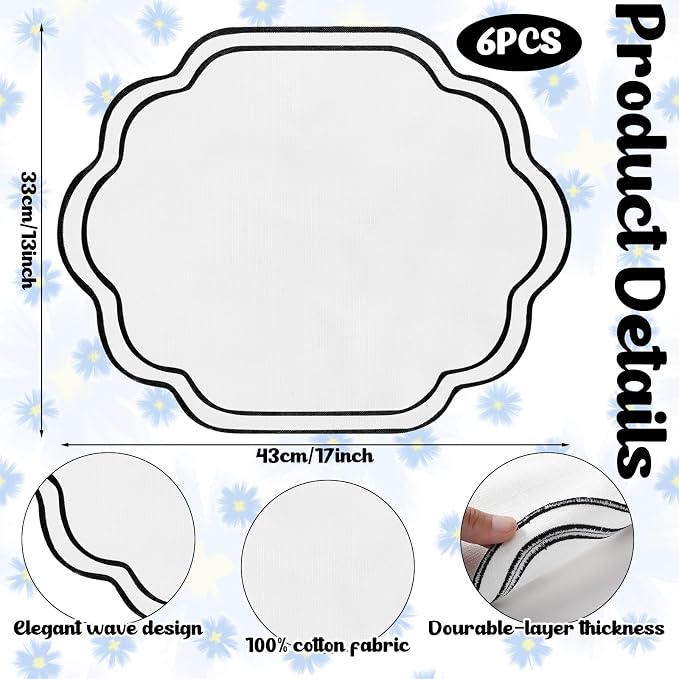 6 Pcs Black and White Wedding Placemats Scalloped Embroidered Cotton Linen Placemats 17" x 13" Double Layered Machine Washable Table Place Mat for Party Table Decor (Cotton)