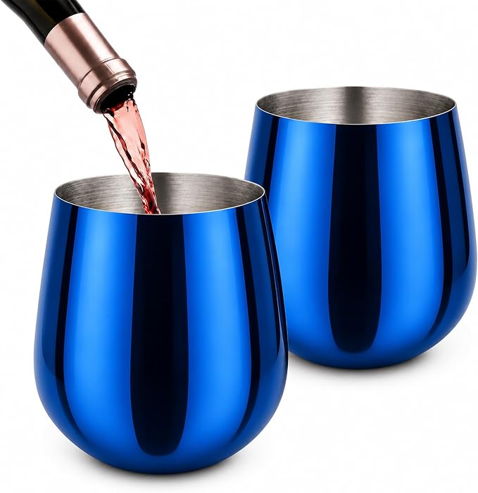 K&K Home Stainless Steel Unbreakable Stemless Wine Glasses - 15 oz - Set of 4 Colored, Stemless Metal Wine Glasses Perfect for Outdoors, Weddings, and Parties (Shiny Blue)