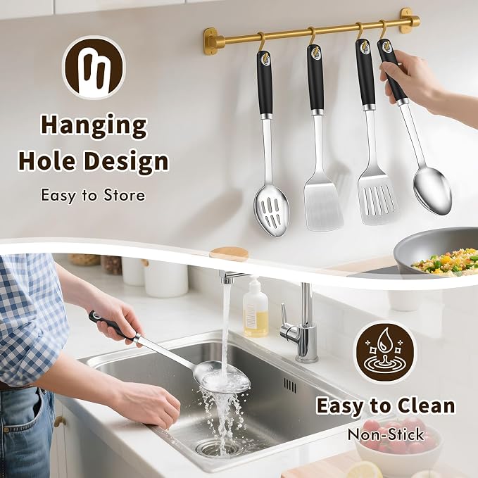 4 Pcs Cooking Utensils Set, Stainless Steel Kitchen Utensils, Heat Resistant Metal Kitchen Tools Include Solid & Slotted Turner Wok Spatula, Serving Spoon, Ergonomic Handle, Easy to Clean, Silver