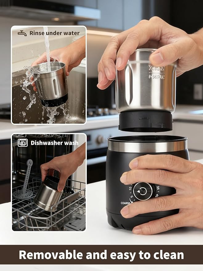 LAOION Electric Coffee Grinder with Silent Grinding Blades & Timer Knob | Adjustable Coarse to Fine, Espresso Grinder with Removable Stainless Steel Bowl for Coffee Bean, Herb, Spices, Seeds (Black)