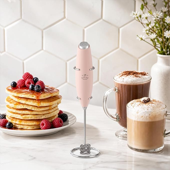 Zulay Kitchen Powerful Milk Frother Wand With Duracell Batteries - Ultra Fast Handheld Drink Mixer - Electric Whisk Foam Maker for Coffee, Lattes, Cappuccino & Matcha - Triple Whisk - Peach Pink