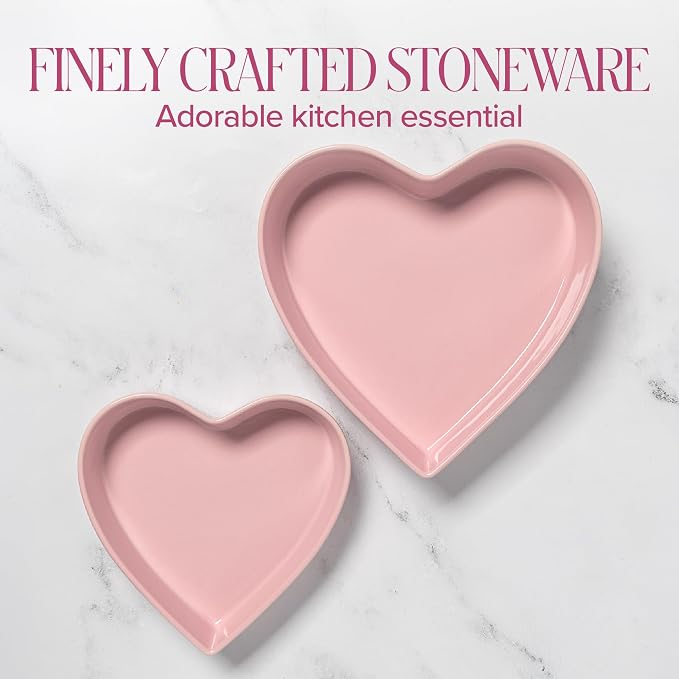 Paris Hilton Heart-Shaped Pie Dish Set, Finely Crafted 8-Inch and 10-Inch Stoneware Baking Dishes with Elegant Fluted Exterior, Nesting Design, Oven Safe up to 450°F, 2-Piece, Pink