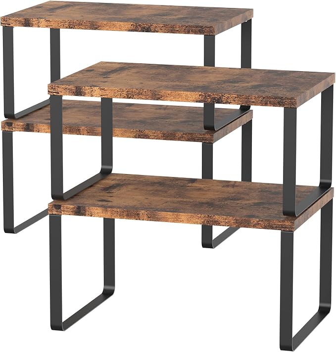 CADUKE Set of 4 Counter Shelves Kitchen Cabinet Shelf Organizer Brown | Countertop Organizer,Counter Top Racks,Stackable, Expandable, Metal and Engineered Wood, for Bathroom