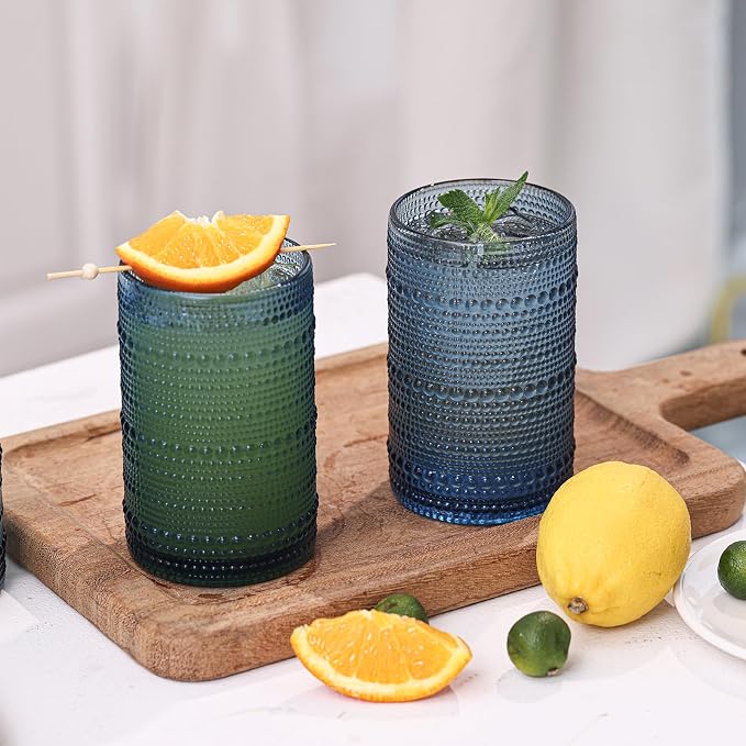Moretoes Large 15oz Blue Hobnail Drinking Glass Set of 12 | Vintage Glassware,Embossed Glass Cups,Water Tumbler,Highball Glasses For Beer, Juice And Various Mixed Drinks