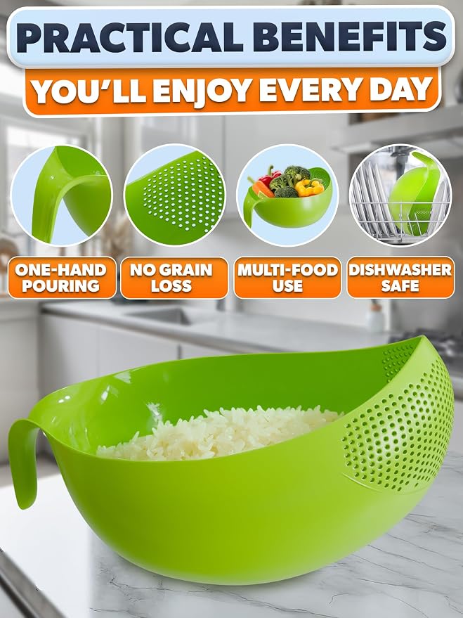 1.7L Rice Strainer with Handle, 9.4 In, Lightweight, ABS (Green) | Rice Washer Strainer Bowl; Drains Water Fast; Rinses Rice, Cereals, Pasta, and Veggies; Easy-Grip Handle; Dishwasher Safe
