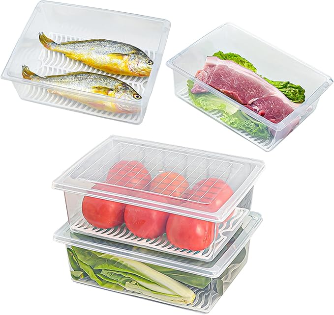 4PCS Food Storage Container, Plastic Food Containers X-Large | [With Removable Drain Plate and Lid], [Stackable Portable Freezer Storage Containers]-Tray to Keep Fruits, Vegetables, Meat