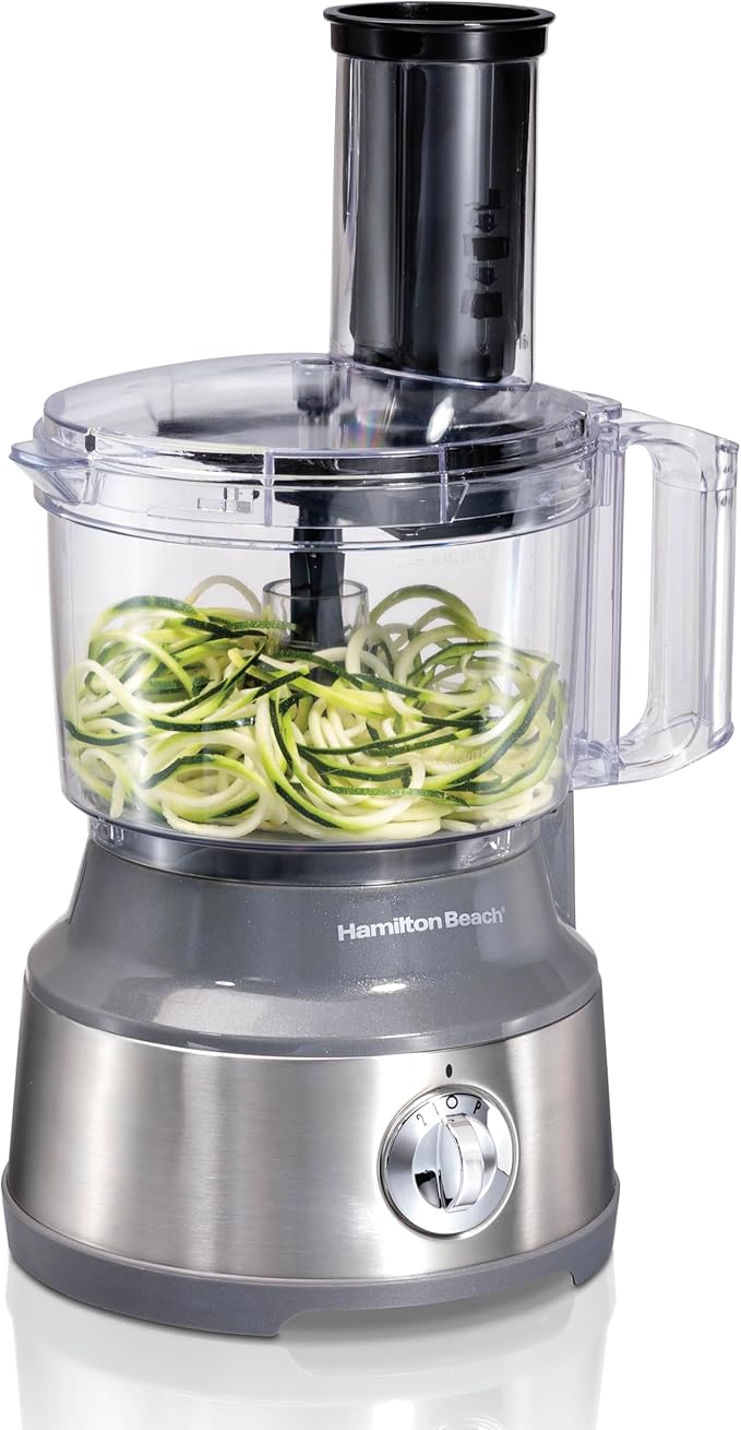 Hamilton Beach 10 Cup Food Processor & Vegetable Chopper | For Slicing, Shredding, Mincing, and Puree | Veggie Spiralizer Attachment | Grey and Stainless Steel | 70735