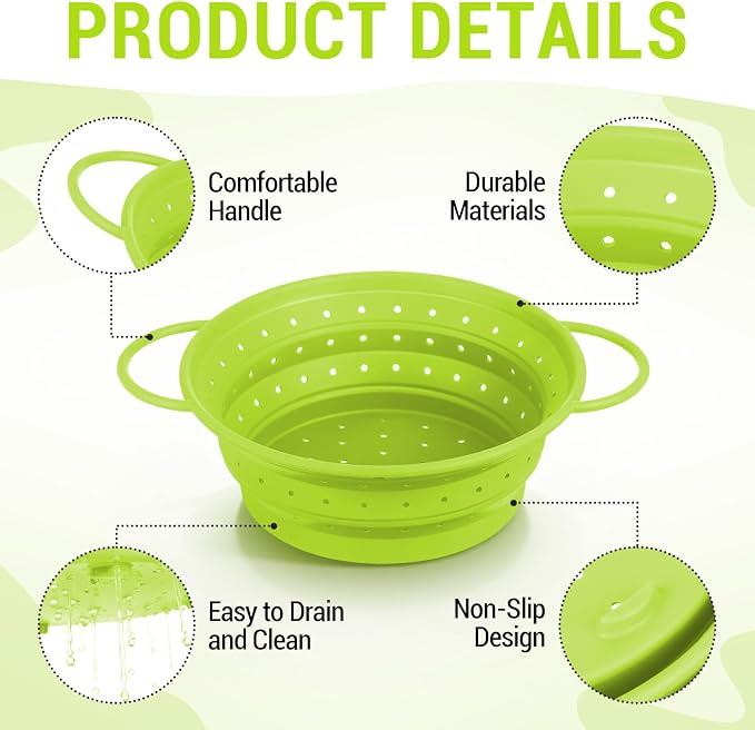 3 Pack Collapsible Colander with Strainer Bowl Set,Green | 11 & 13 In Silicone Colanders for Kitchen, Heat-Resistant Strainer Dishwasher Safe Baskets for Vegetable Fruits