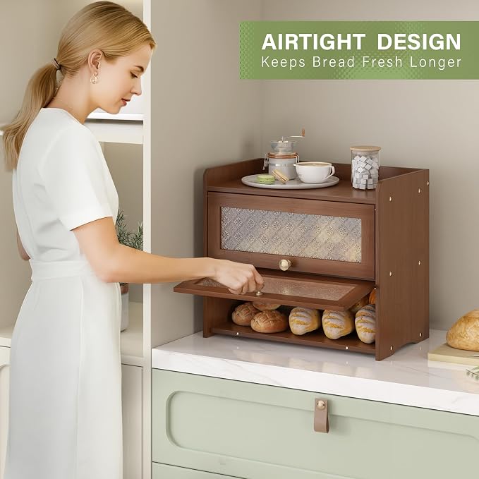Large Vintage Bread Box for Kitchen Countertop Homemade Bread, Brown | Farmhouse Wooden Double Layer Breadbox Organizer Bread Holder Storage Container with Window